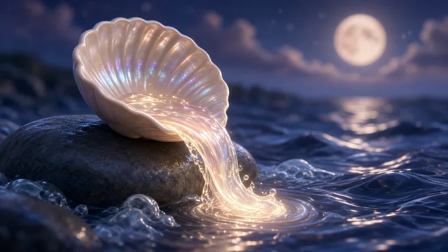 A shell pouring moonlight into the sea, in 3d animation