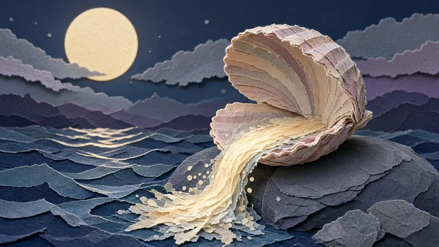 A shell pouring moonlight into the sea, in paper cut-out