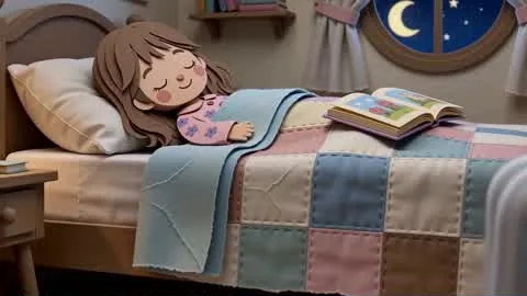 Diana tucked in bed under a patchwork quilt, a picture book open beside her