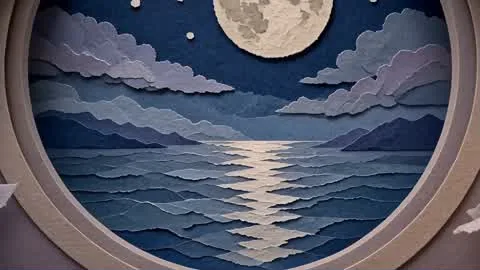 The moonlit sea through a round window