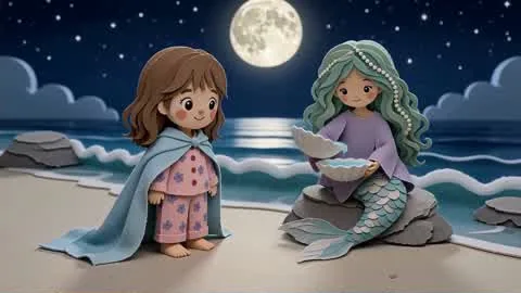 Diana, her blanket around her shoulders like a cape, meets Marina the mermaid on a moonlit shore