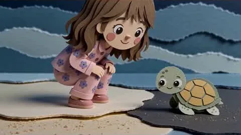 Diana crouches to say hello to a little turtle