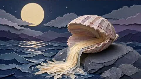 The shell pours its moonlight into the sea