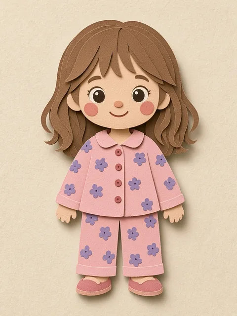 Diana cut from paper: wavy brown hair, pink pajamas with purple flowers and pink slippers